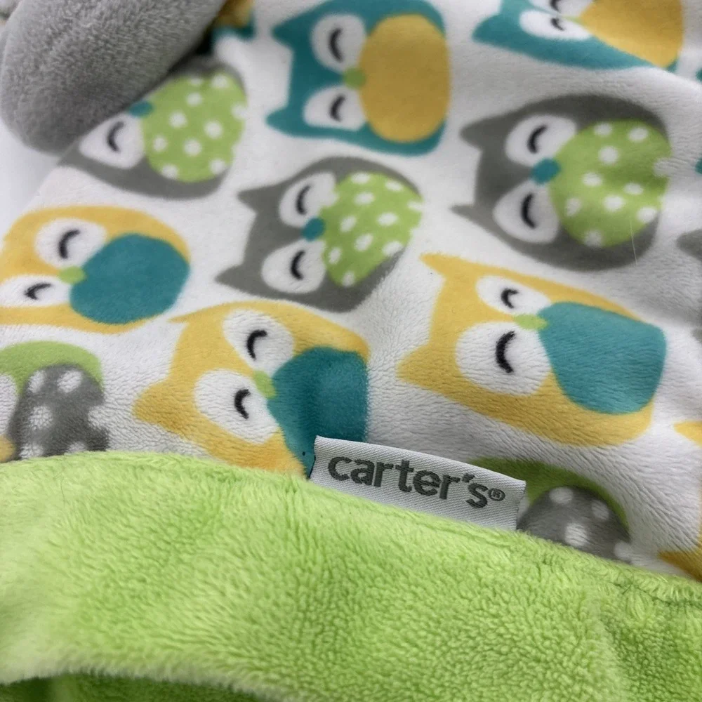 Carters Gray Owl Plush Velour Lovey Security Blanket Green Yellow 14